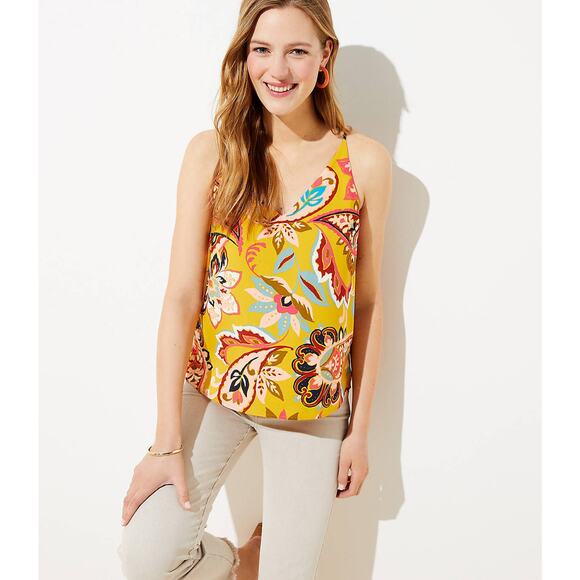 Ann Taylor LOFT Size Small Floral Strappy Cami Top Yellow V-Neck - Picture 1 of 6